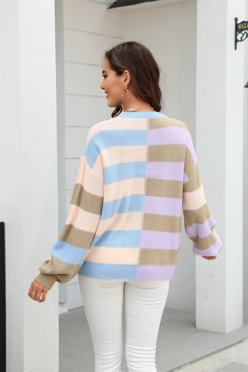 Fall Women Clothing Patchwork Stripes Contrast Color round Neck Knitwear Pullover Sweater