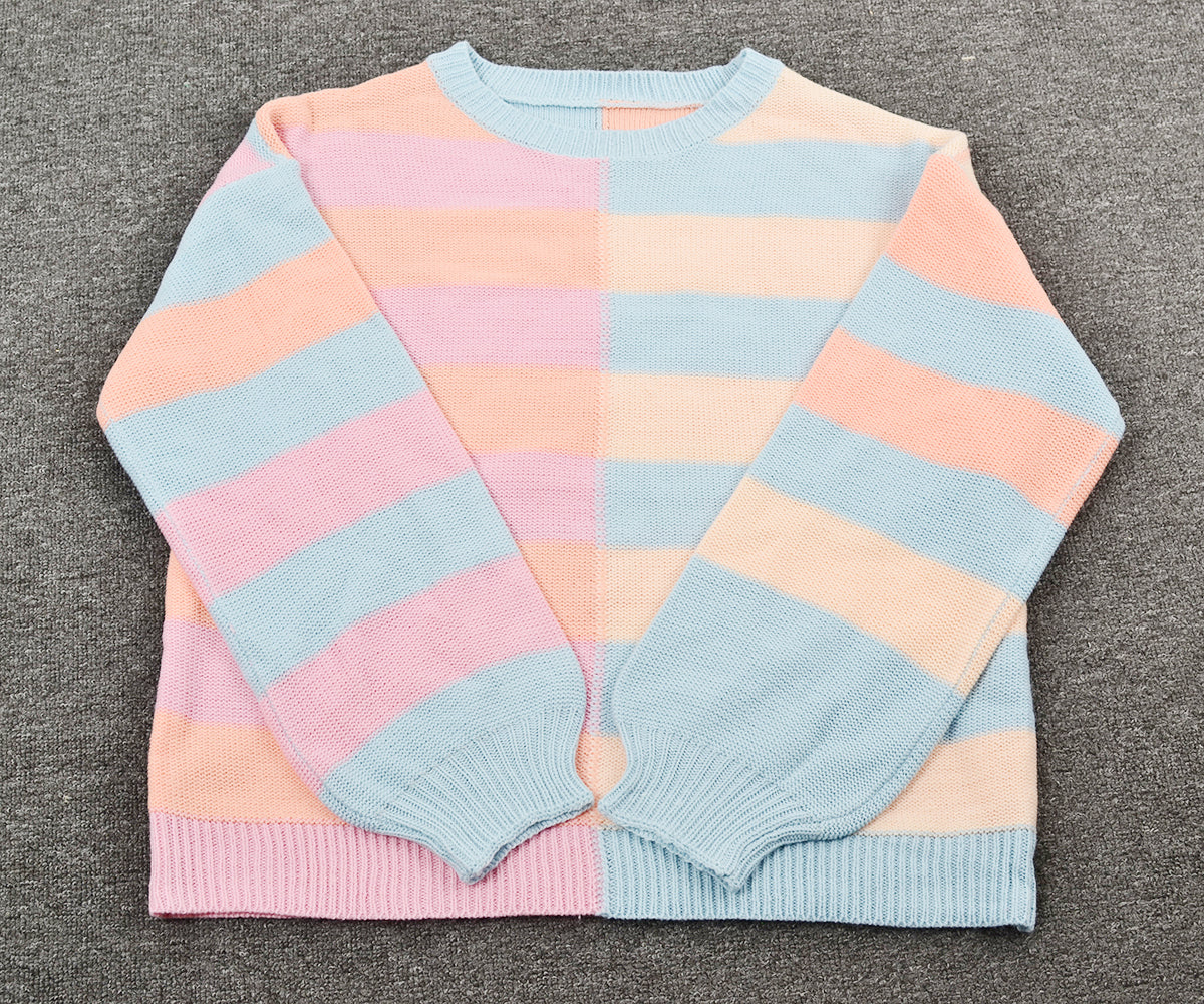 Fall Women Clothing Patchwork Stripes Contrast Color round Neck Knitwear Pullover Sweater