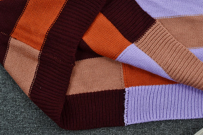 Fall Women Clothing Patchwork Stripes Contrast Color round Neck Knitwear Pullover Sweater