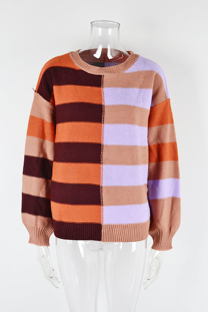 Fall Women Clothing Patchwork Stripes Contrast Color round Neck Knitwear Pullover Sweater