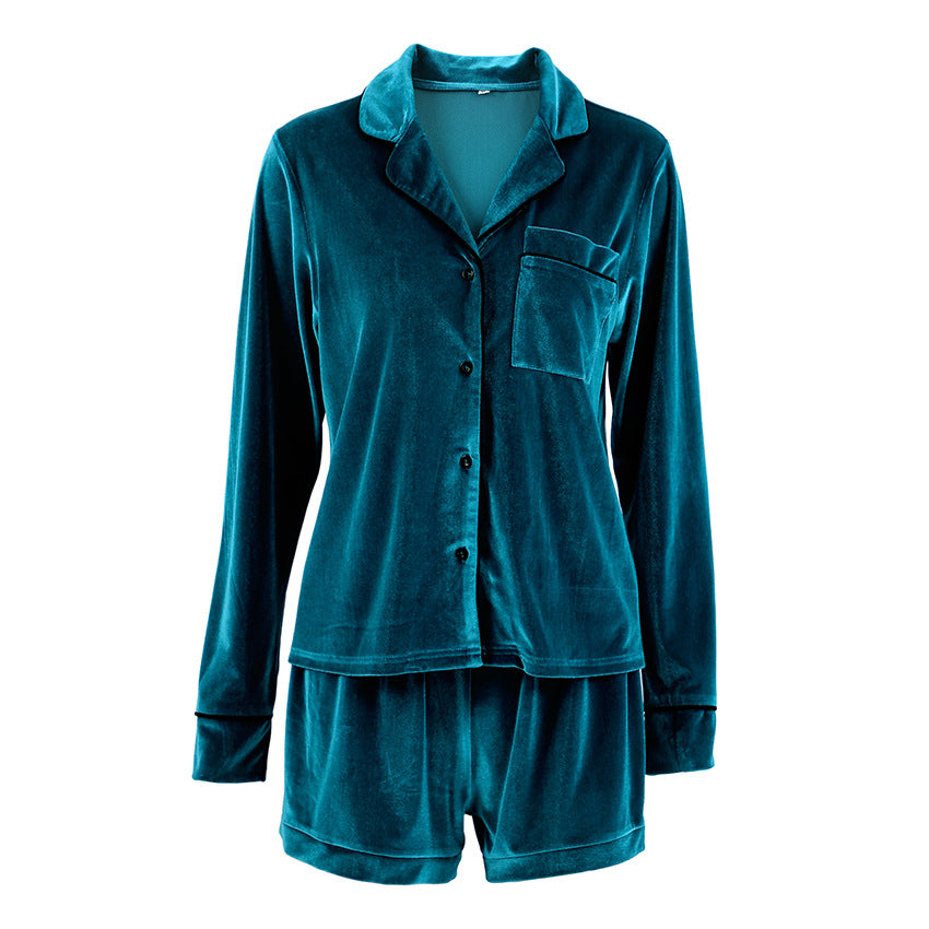 Women Velvet V neck Suit Collar Women  Cardigan Long Sleeve Suit Homewear Pajamas Spring Autumn Blue