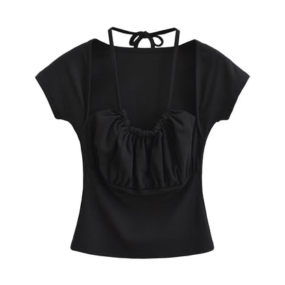 Sexy Lace up Halterneck Faux Two Piece Drawstring Short Sleeve T shirt Women