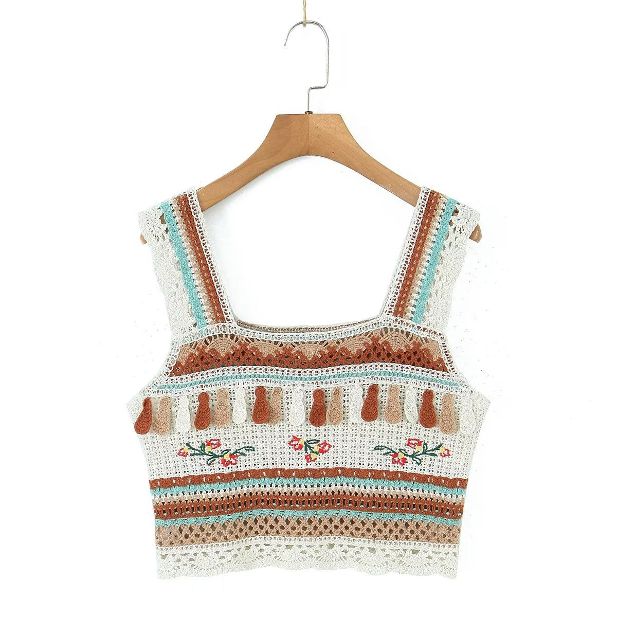 Summer Vintage Embroidery Tassel Suspender Short Camisole