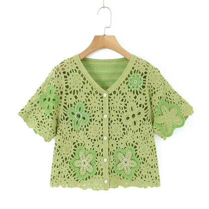 Spring Women Clothing V Neck Vintage Beaded Crocheted Short Sleeved Sweater Cardigan