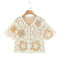 Spring Women Clothing V Neck Vintage Beaded Crocheted Short Sleeved Sweater Cardigan