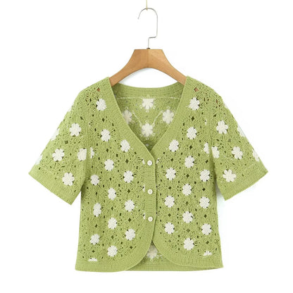 Women Clothing French Vacation Vintage Small Floral Short Sleeve Tup Cardigan Casual