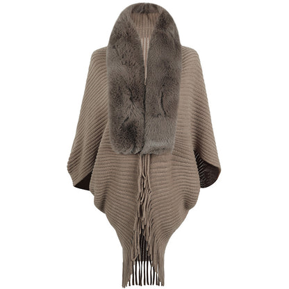 Autumn Winter Fur Collar Tassel Shawl Women Knitted Cape Coat