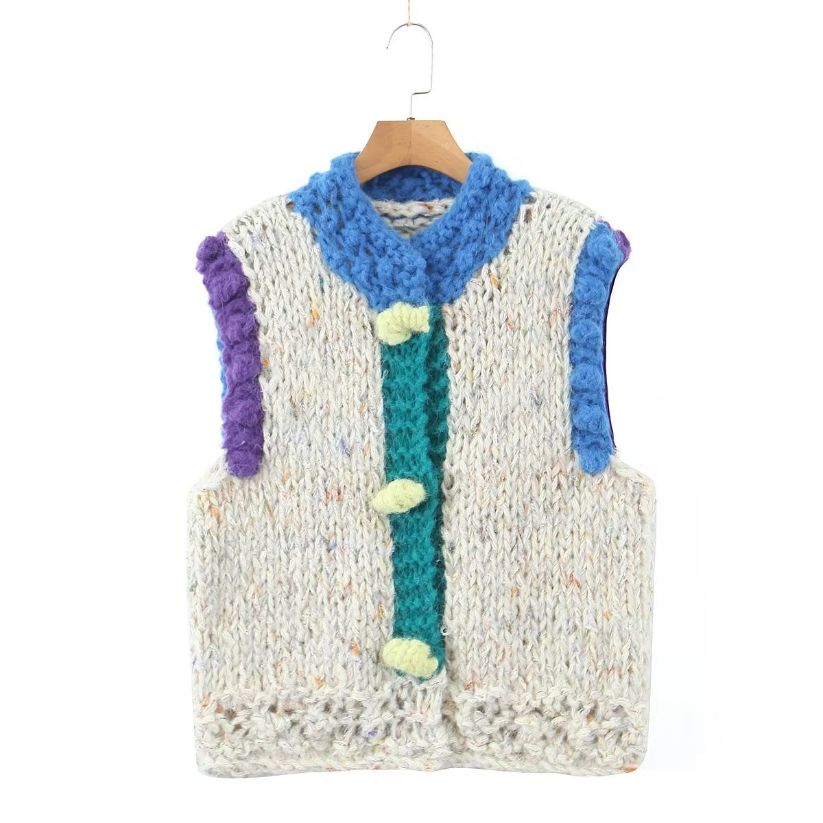 Autumn Hand Woven Three Dimensional Buckle Sweater Sweet Fresh Vest round Neck Single Breasted Cardigan Top Women