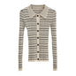 Autumn Winter Elegant Slim Knit Cardigan Polo Collar Stripes Single Breasted