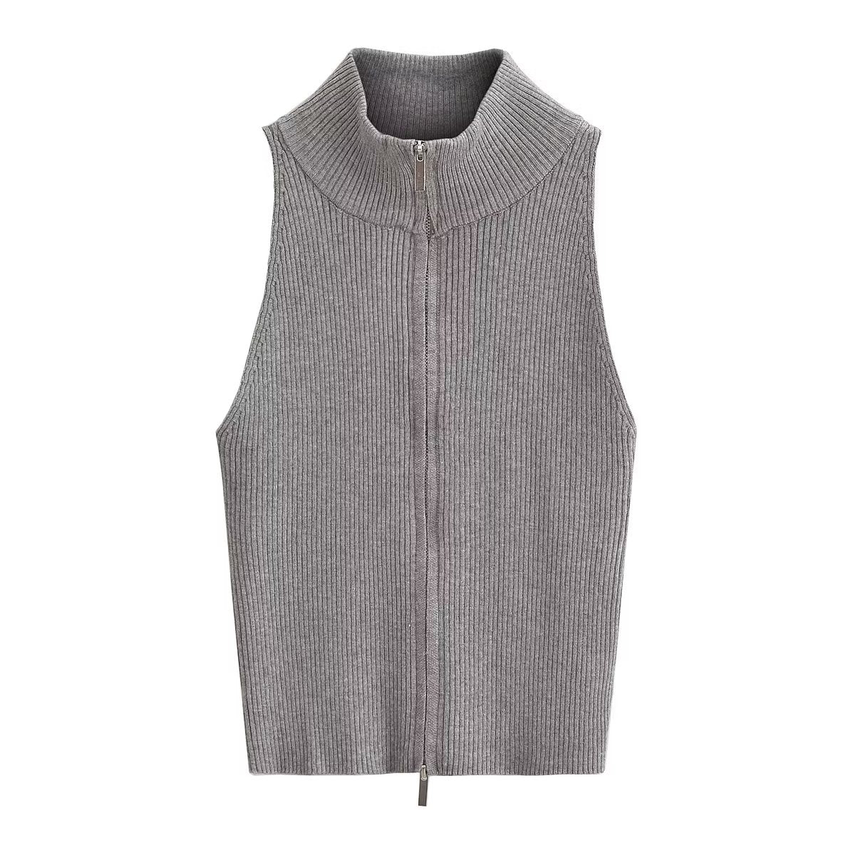 Spring Women Clothing Solid Color Sexy Stand Collar Double Headed Zipper Sleeveless Slim Fit Knitted Top