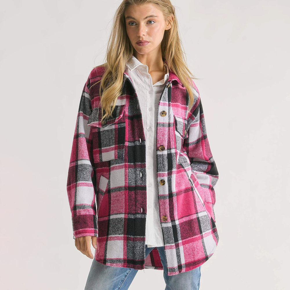 Popular Contrast Color Lapels Plaid Top Autumn Winter Casual Plaid Shacket