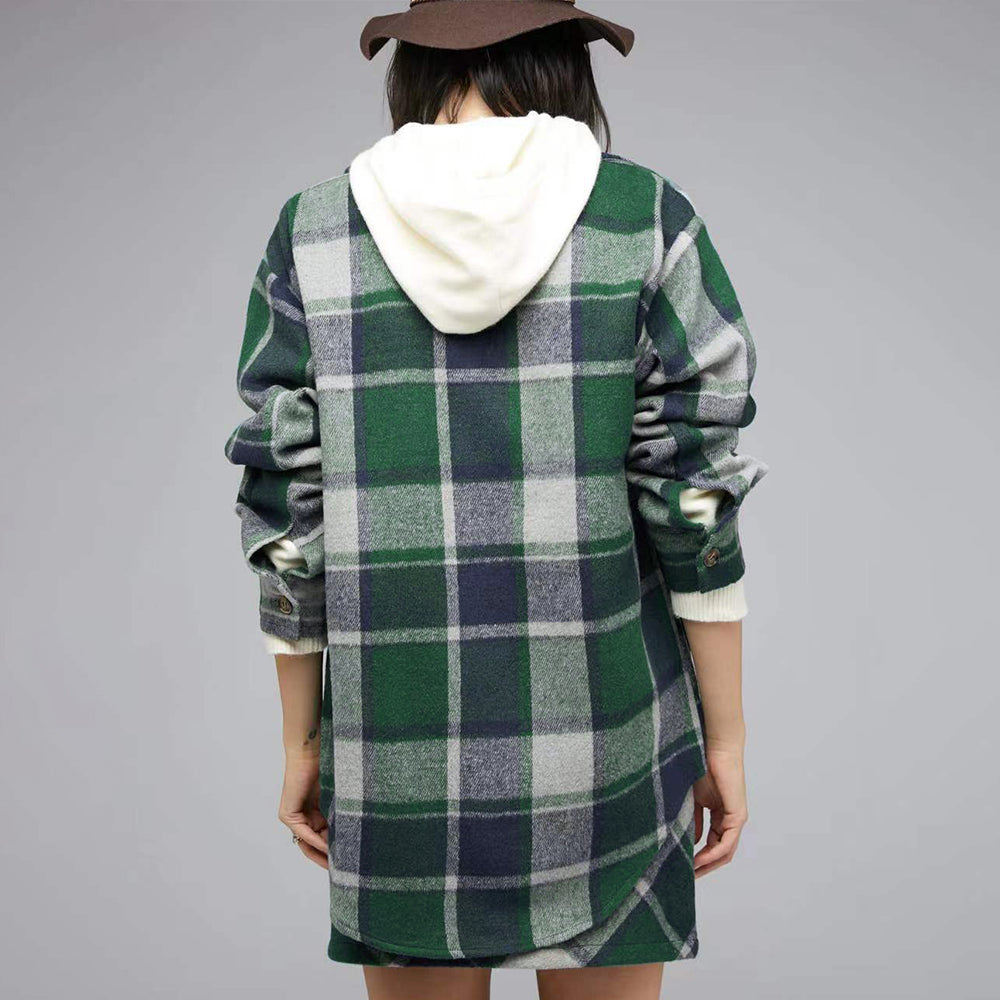 Popular Contrast Color Lapels Plaid Top Autumn Winter Casual Plaid Shacket