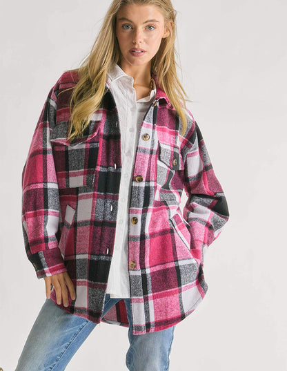 Popular Contrast Color Lapels Plaid Top Autumn Winter Casual Plaid Shacket