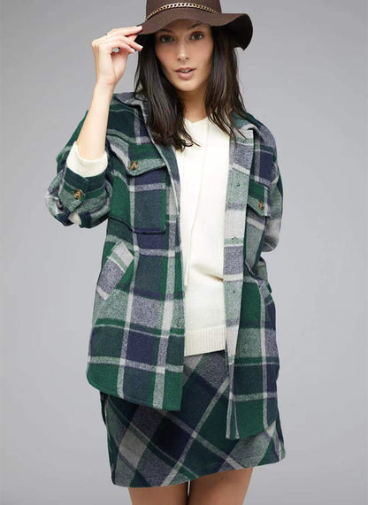 Popular Contrast Color Lapels Plaid Top Autumn Winter Casual Plaid Shacket