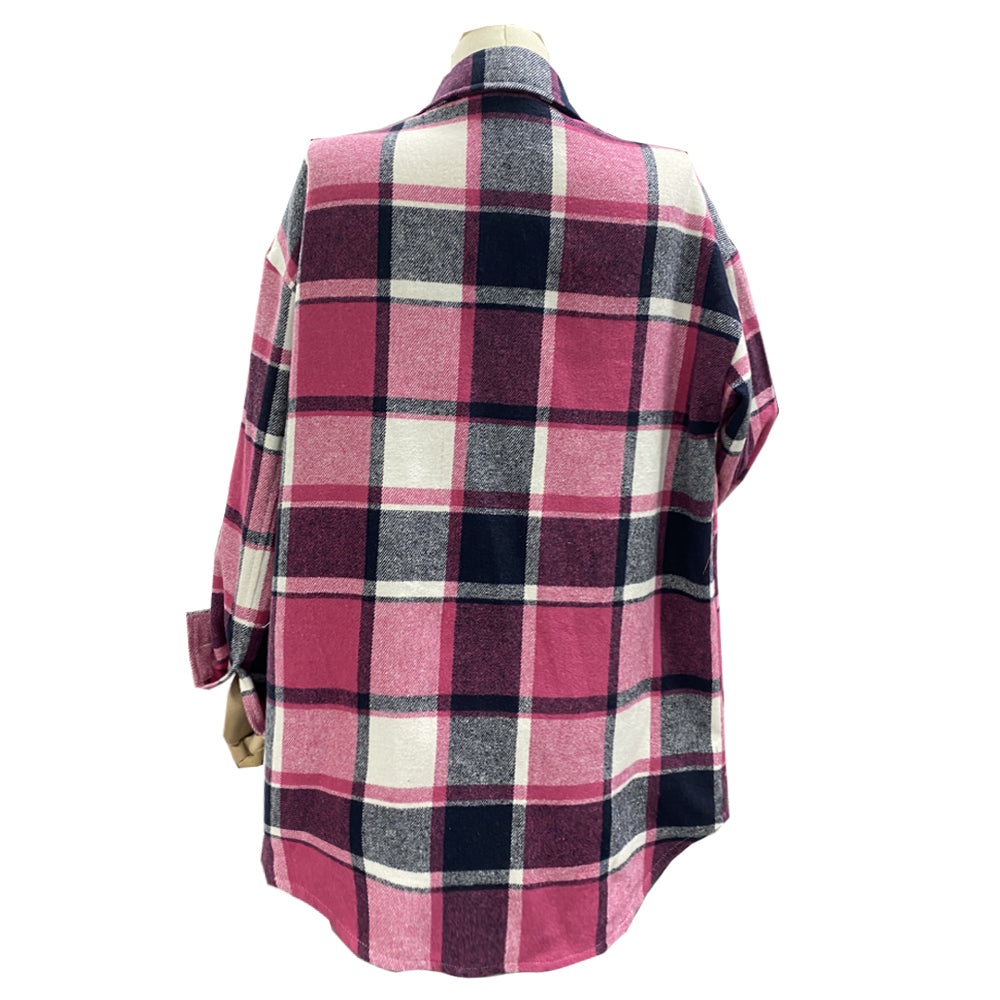 Popular Contrast Color Lapels Plaid Top Autumn Winter Casual Plaid Shacket