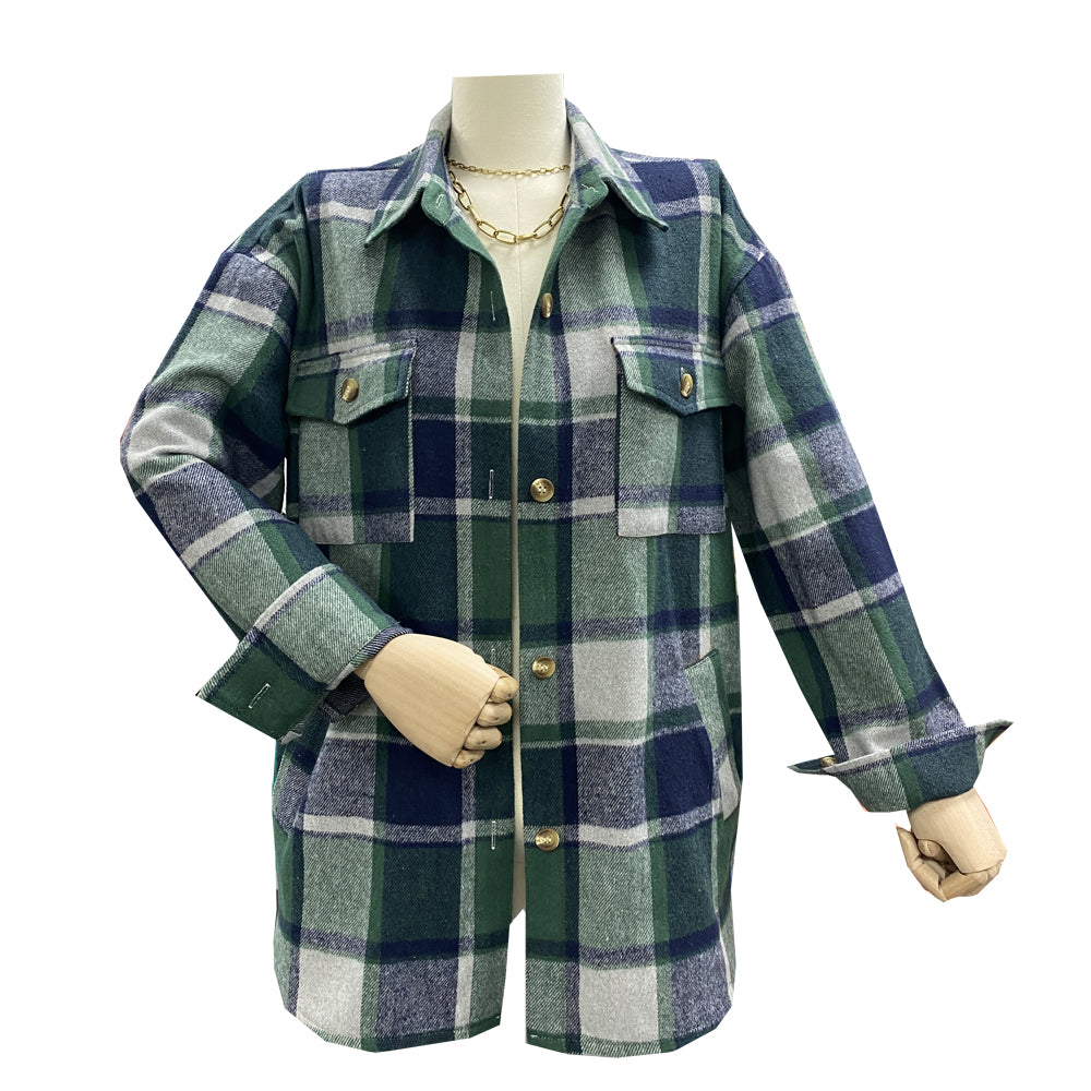 Popular Contrast Color Lapels Plaid Top Autumn Winter Casual Plaid Shacket