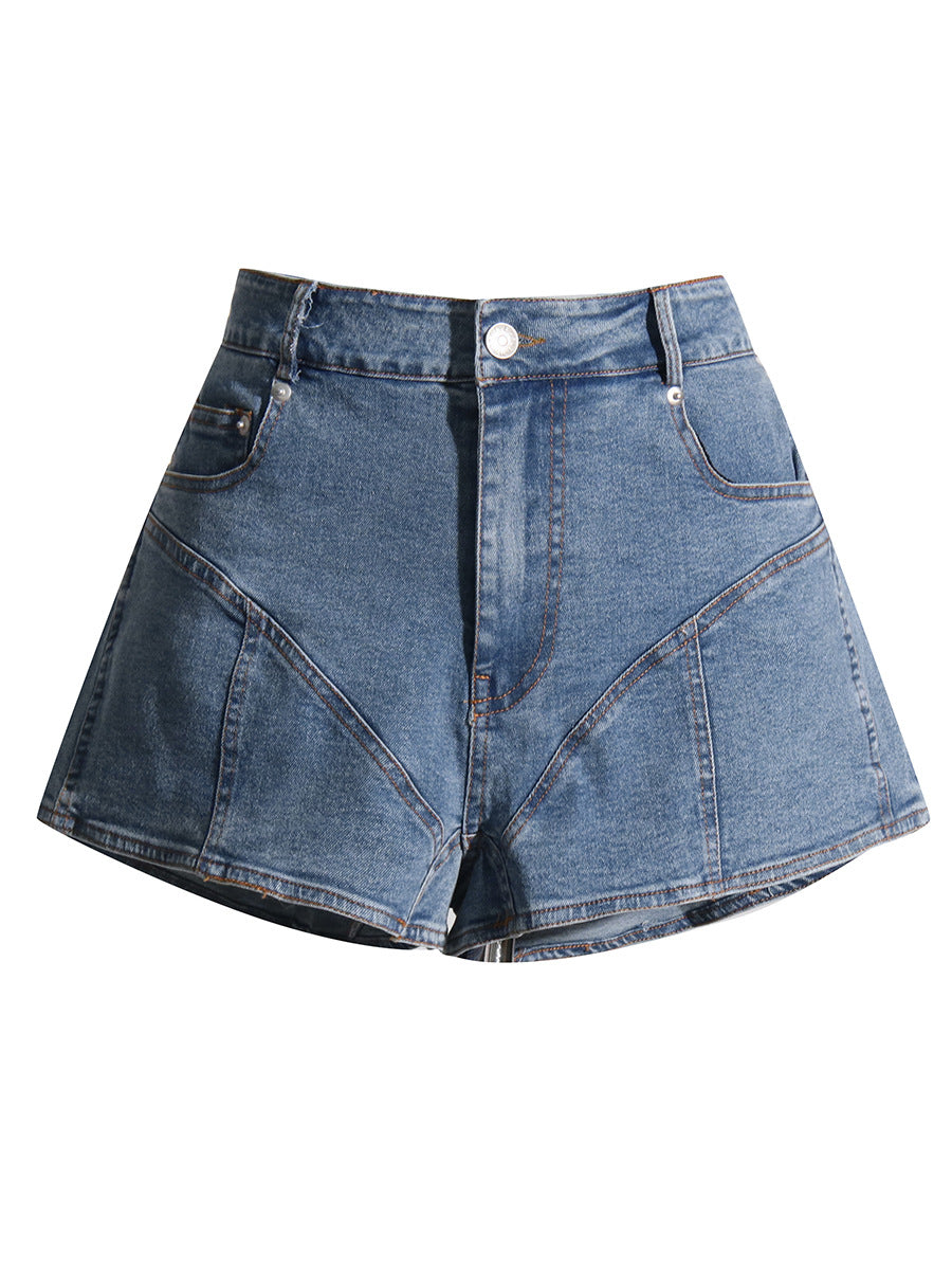 Summer Sheath Denim Shorts Korean Retro Women High Waist All Matching Straight Contrast Color Shorts Sexy