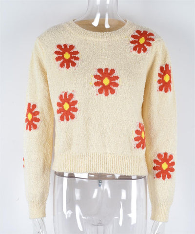 Autumn Winter Sweater Short Little Daisy round Neck Floral Knitted Sweater