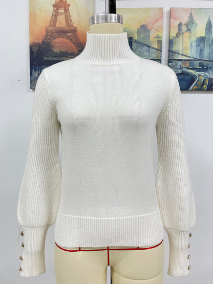Autumn Winter Solid Color Pullover Women Knitwear Turtleneck Beaded Sweater Women