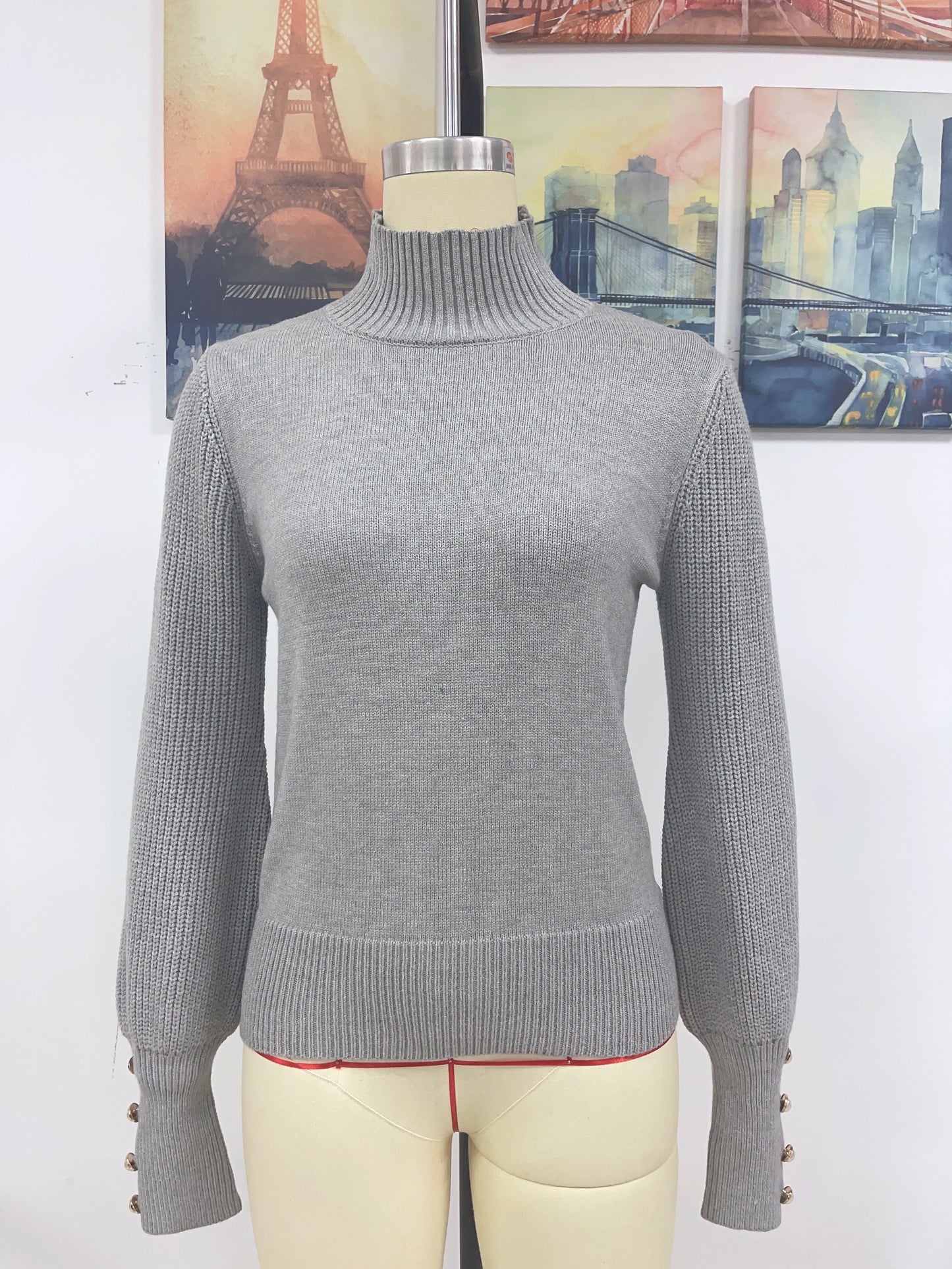 Autumn Winter Solid Color Pullover Women Knitwear Turtleneck Beaded Sweater Women