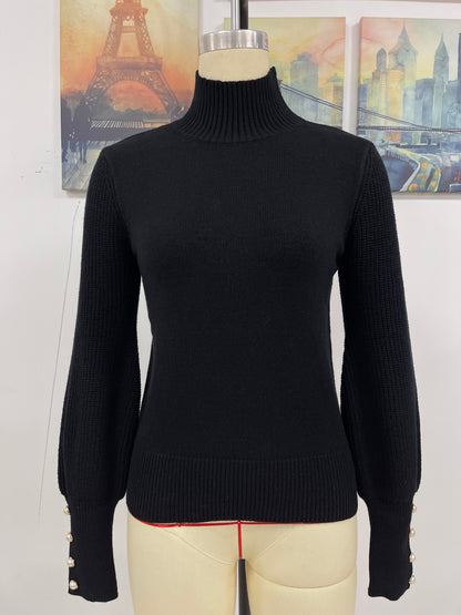 Autumn Winter Solid Color Pullover Women Knitwear Turtleneck Beaded Sweater Women