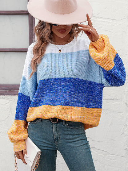 Autumn Winter Color Block Crew Neck Knitwear Women Sweater Women