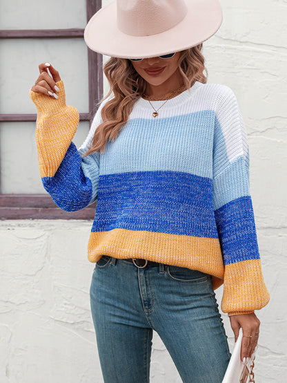 Autumn Winter Color Block Crew Neck Knitwear Women Sweater Women