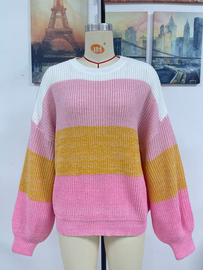 Autumn Winter Color Block Crew Neck Knitwear Women Sweater Women