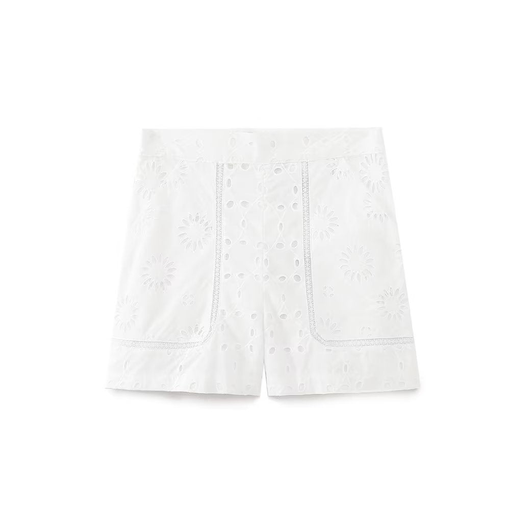 Summer Women  High Waist Embroidered Hollow Out Cutout Design Casual Shorts