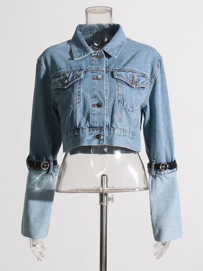 Contrast Color Belt Design Short Denim Jacket Collared Korean Patchwork Top Women