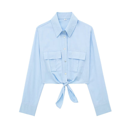 Summer Women Clothing Collared Long Sleeve Short Bow Tie Striped Shirt