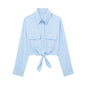 Summer Women Clothing Collared Long Sleeve Short Bow Tie Striped Shirt