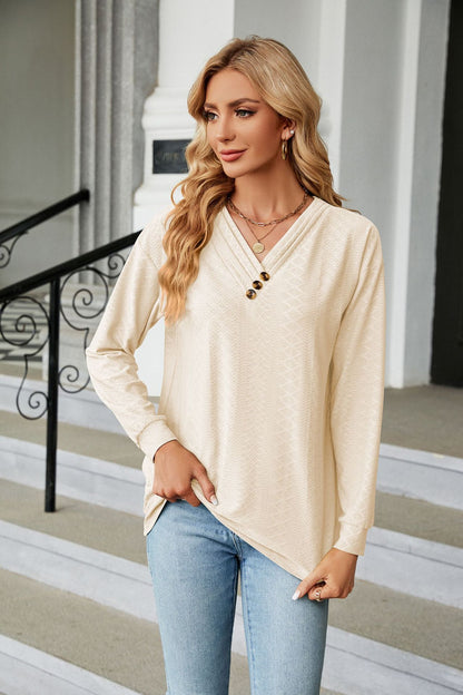 Autumn Winter Solid Color V-neck Button Loose Long-Sleeved T-shirt Top Women Clothing