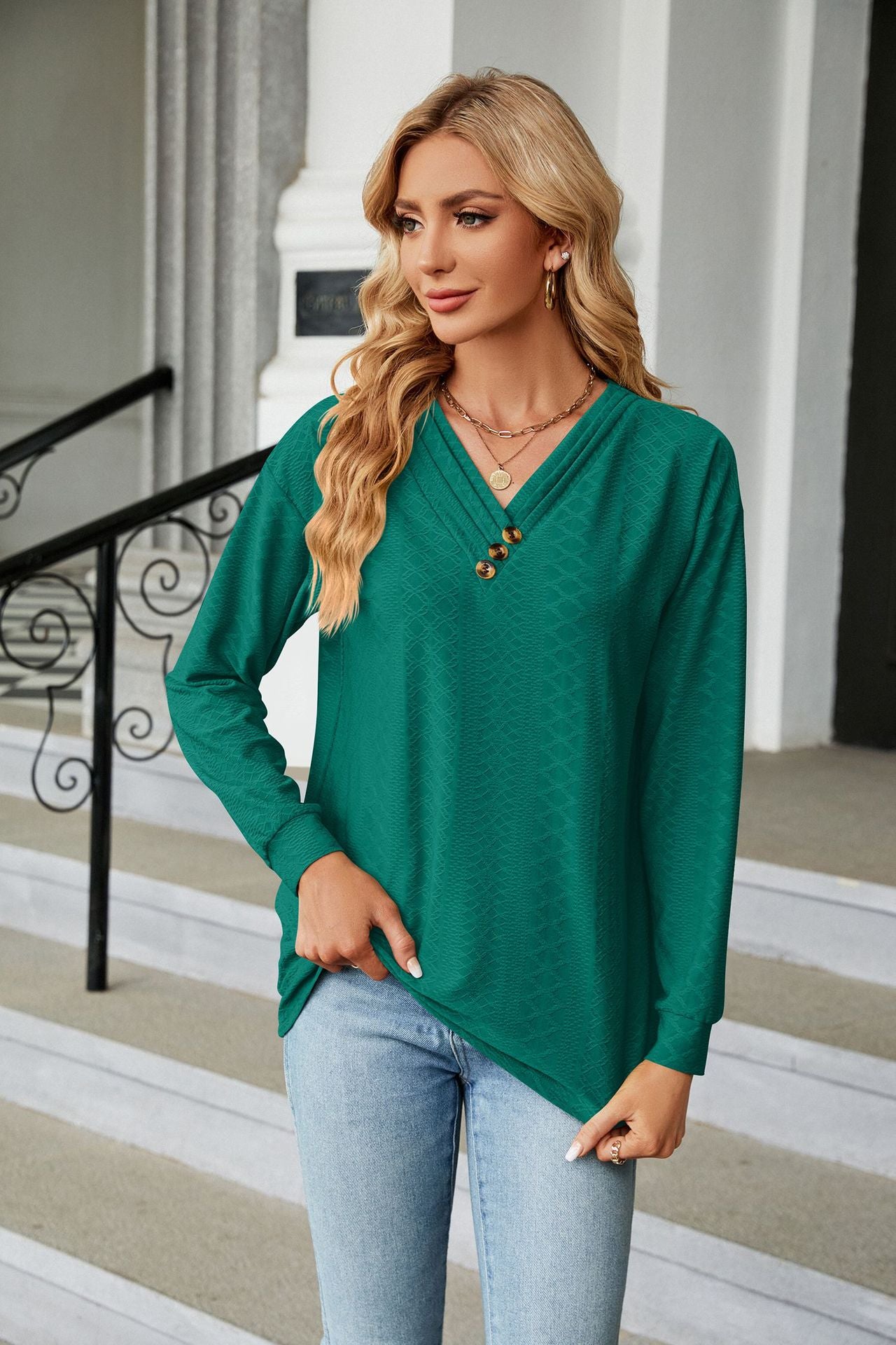 Autumn Winter Solid Color V-neck Button Loose Long-Sleeved T-shirt Top Women Clothing