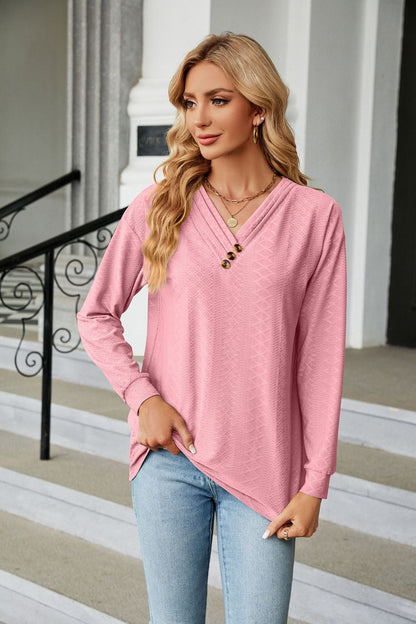 Autumn Winter Solid Color V-neck Button Loose Long-Sleeved T-shirt Top Women Clothing