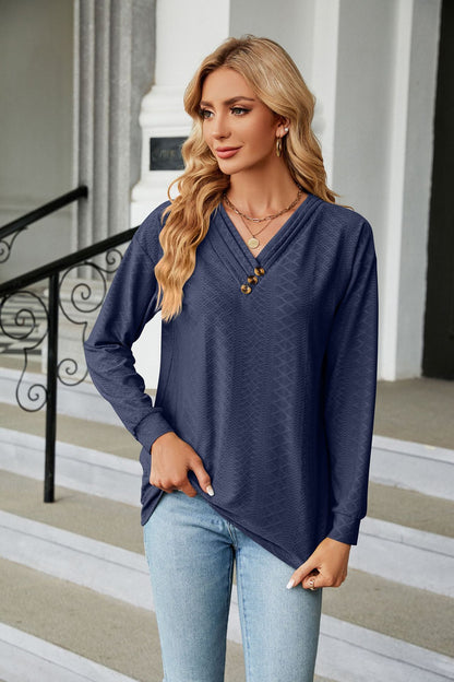 Autumn Winter Solid Color V-neck Button Loose Long-Sleeved T-shirt Top Women Clothing