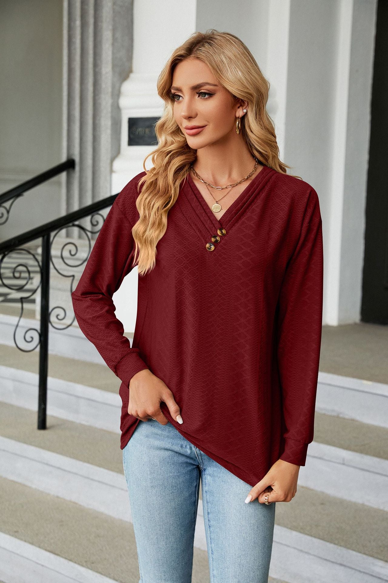 Autumn Winter Solid Color V-neck Button Loose Long-Sleeved T-shirt Top Women Clothing