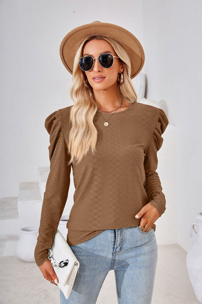 Autumn Solid Color round Neck Loose Pleated Long-Sleeved T-shirt Top Women Clothing