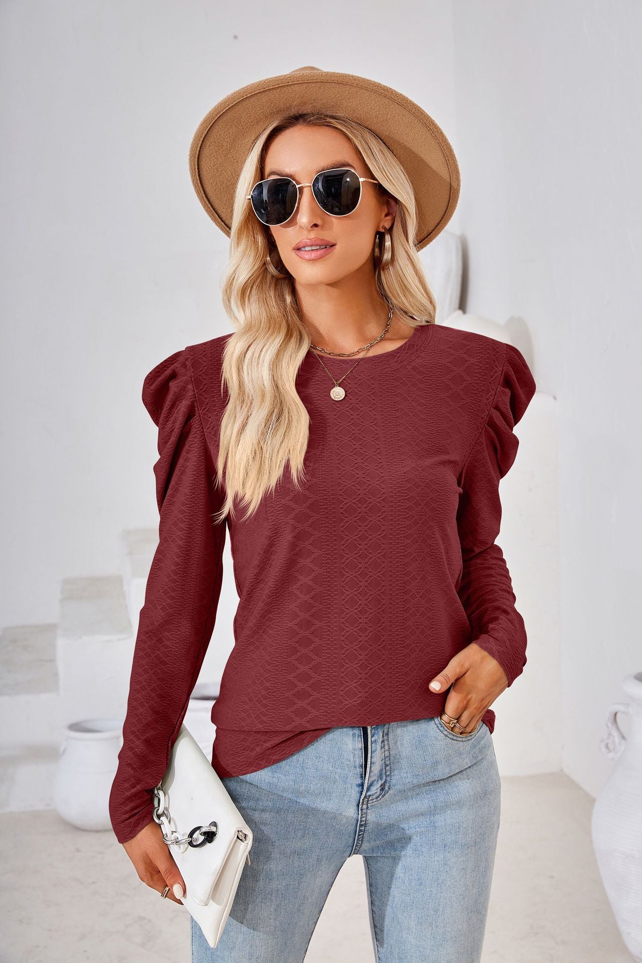 Autumn Solid Color round Neck Loose Pleated Long-Sleeved T-shirt Top Women Clothing