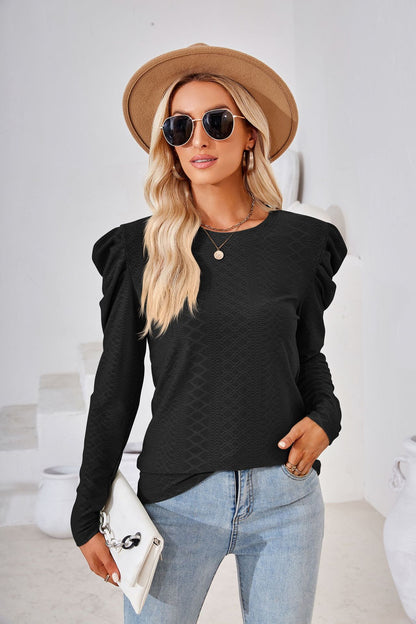 Autumn Solid Color round Neck Loose Pleated Long-Sleeved T-shirt Top Women Clothing