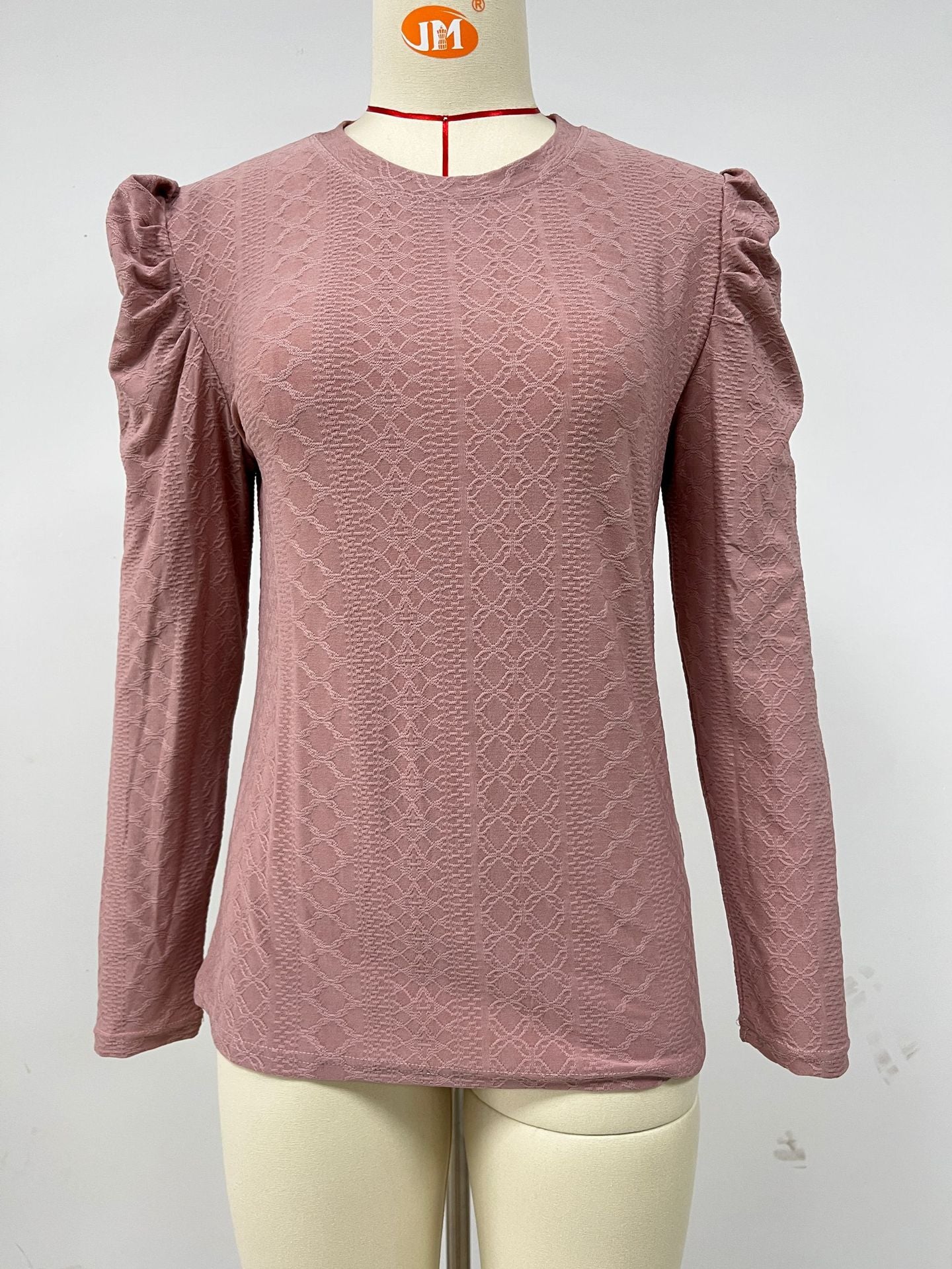 Autumn Solid Color round Neck Loose Pleated Long-Sleeved T-shirt Top Women Clothing