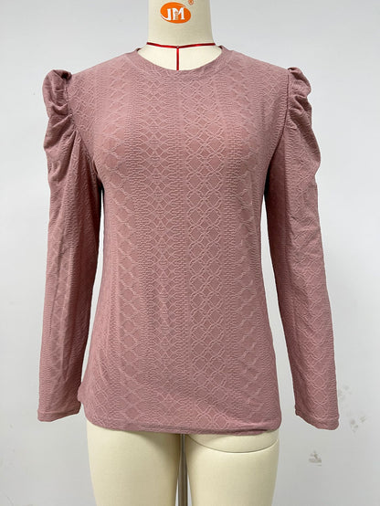 Autumn Solid Color round Neck Loose Pleated Long-Sleeved T-shirt Top Women Clothing