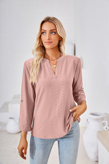 Autumn Winter Solid Color V-neck Three-Quarter Sleeve Button Loose-Fitting T-shirt Top Women