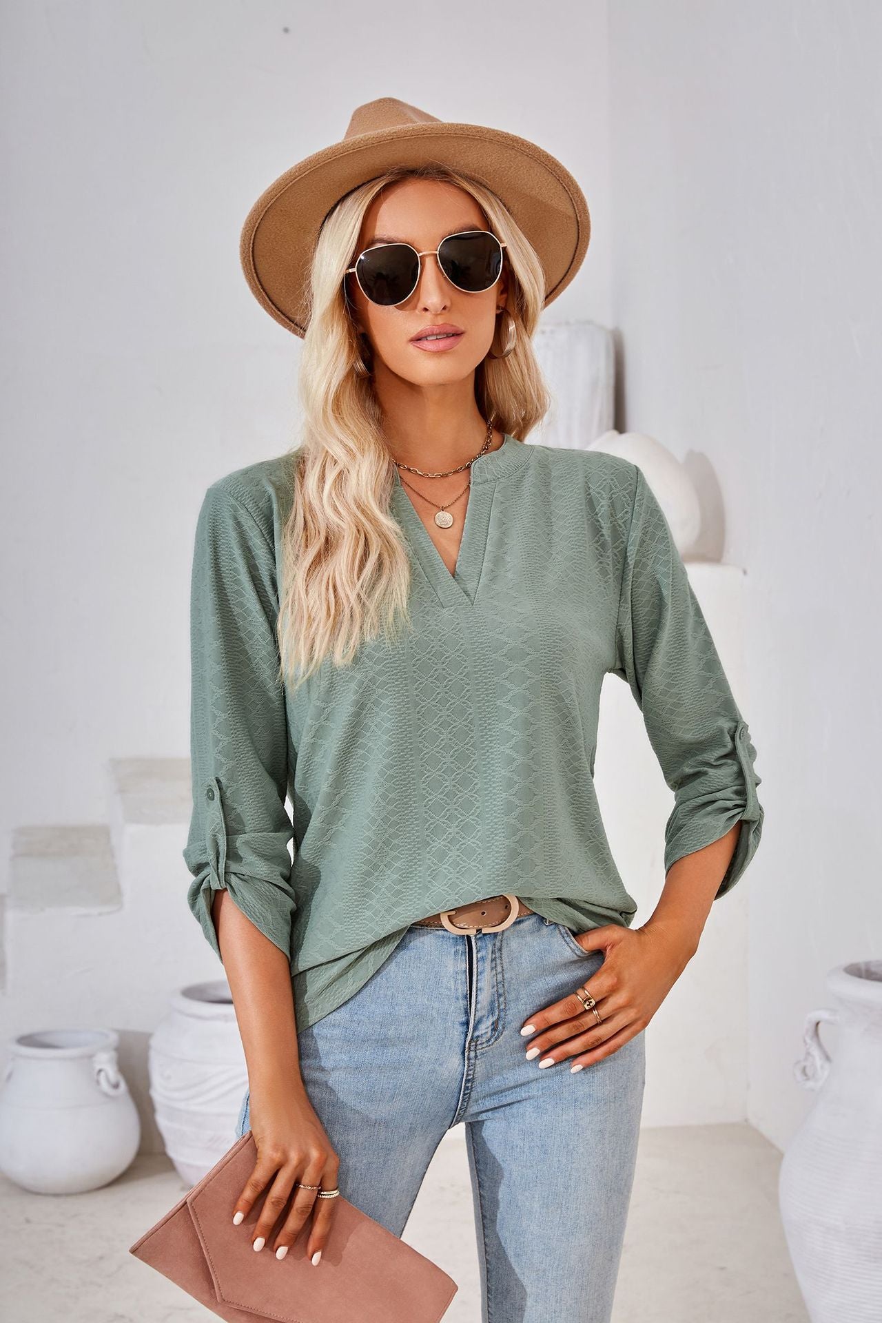 Autumn Winter Solid Color V-neck Three-Quarter Sleeve Button Loose-Fitting T-shirt Top Women