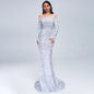 Sequined Evening Dress Women Sexy off Shoulder Feather Long Sleeve Party Maxi Dress