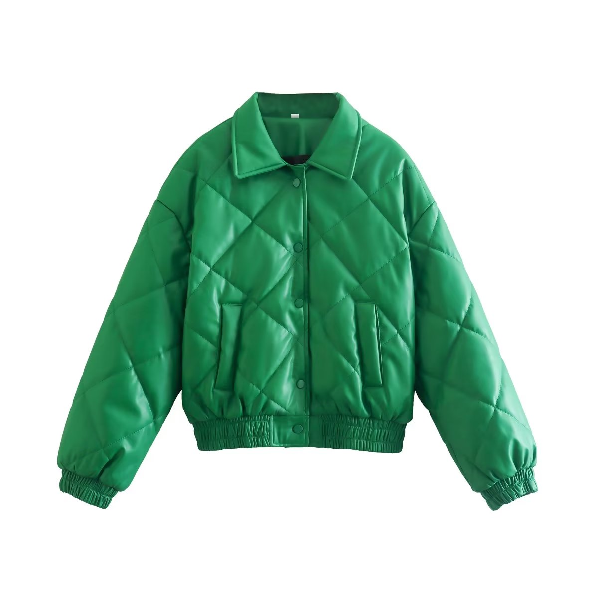 Green Faux Leather Cotton Padded Coat for Women Winter Polo Collar Plaid Cotton Coat Jacket Cardigan