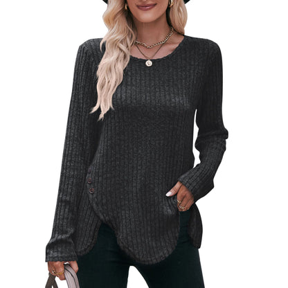 Women round-Neck Sunken Stripe Brushed Solid Color Top Long Sleeve Button T-shirt