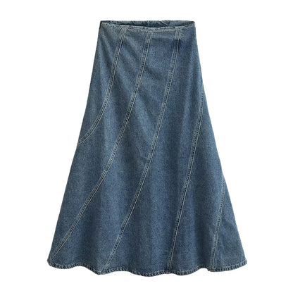 Women Summer Graceful Fashionable Split Line Intellectual High Waist Denim Skirt