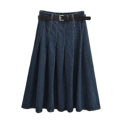 Autumn Winter Solid Blue High Waist Stitching High-End Long Skirt Pleated Skirt Skirt