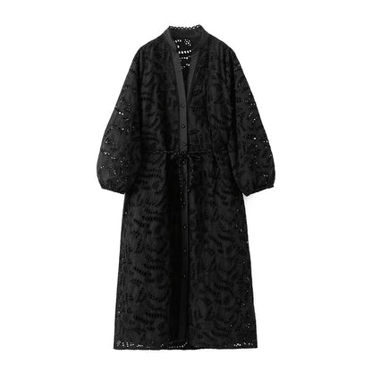 Women  French Long Sleeve V neck Dress Sexy Cutout Jacquard Black Home Wear